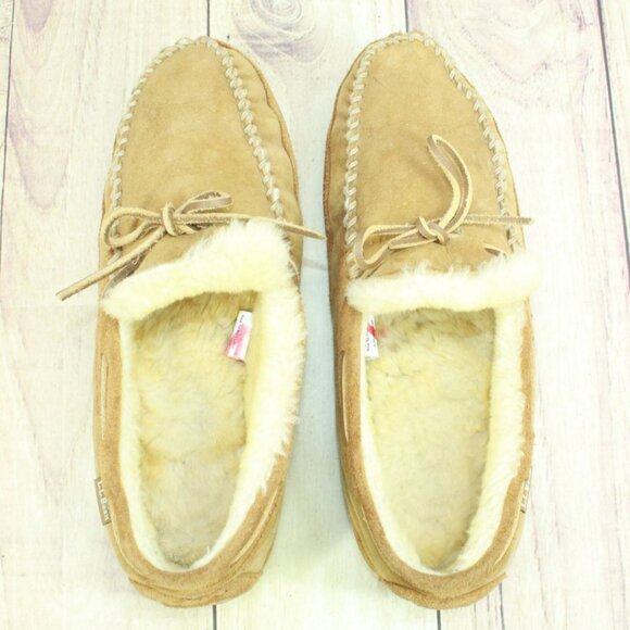 LL Bean Brown Suede Wicked Good Shearling Lined Moccasin Slippers Size 13 M - Picture 7 of 9